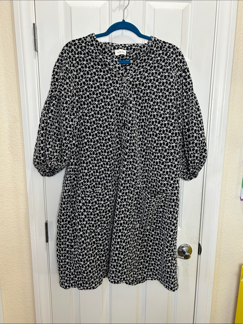 Wrap London Black White Cotton Eyelet Embroidered Puff Sleeve Shift Dress US 18